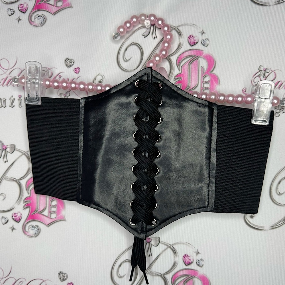 Corset belt waist cinch Velcro one size fits all black silver bustier lace up